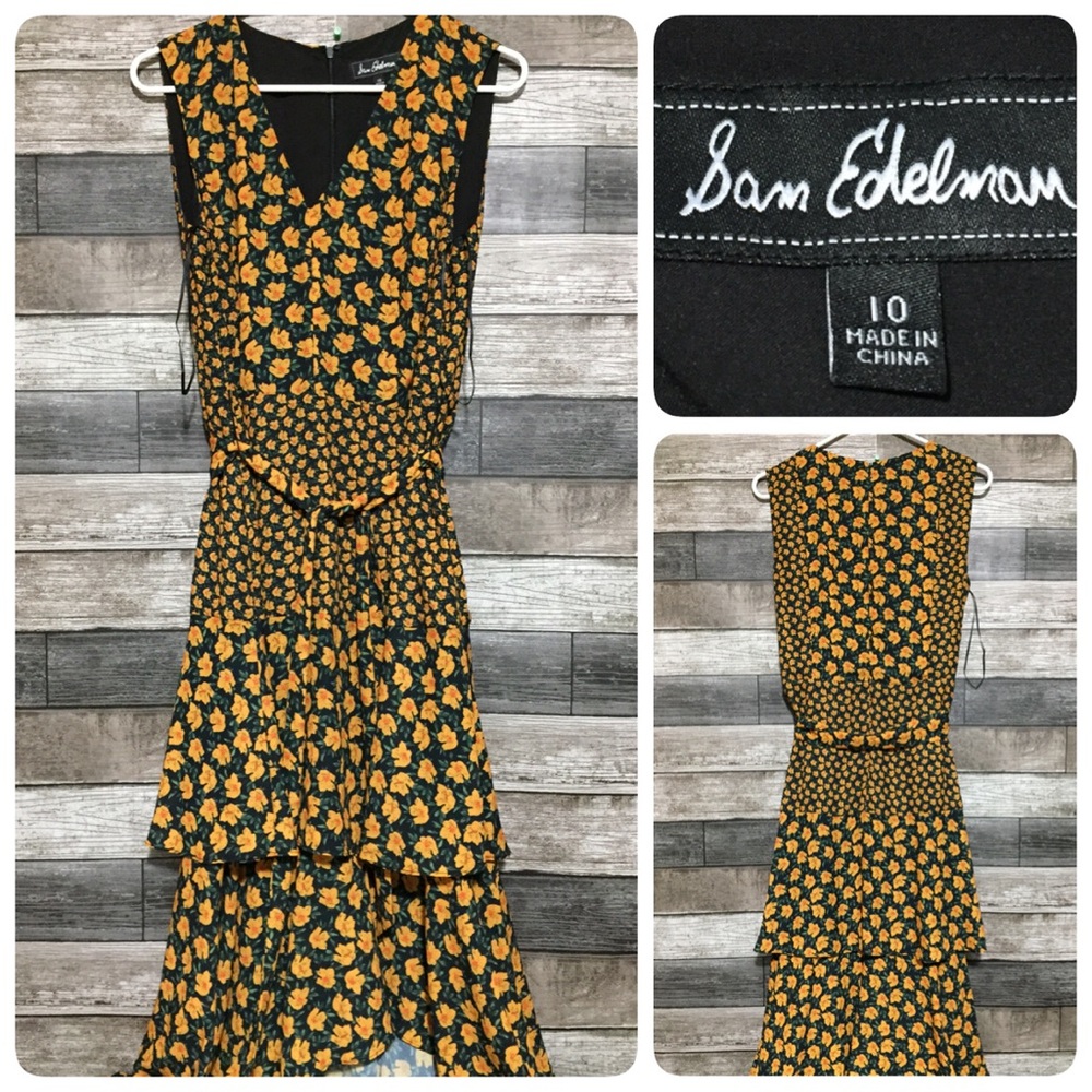 Sam Edelman Midi Floral Dress Women’s 10 Tied Waist 100% Polyester
